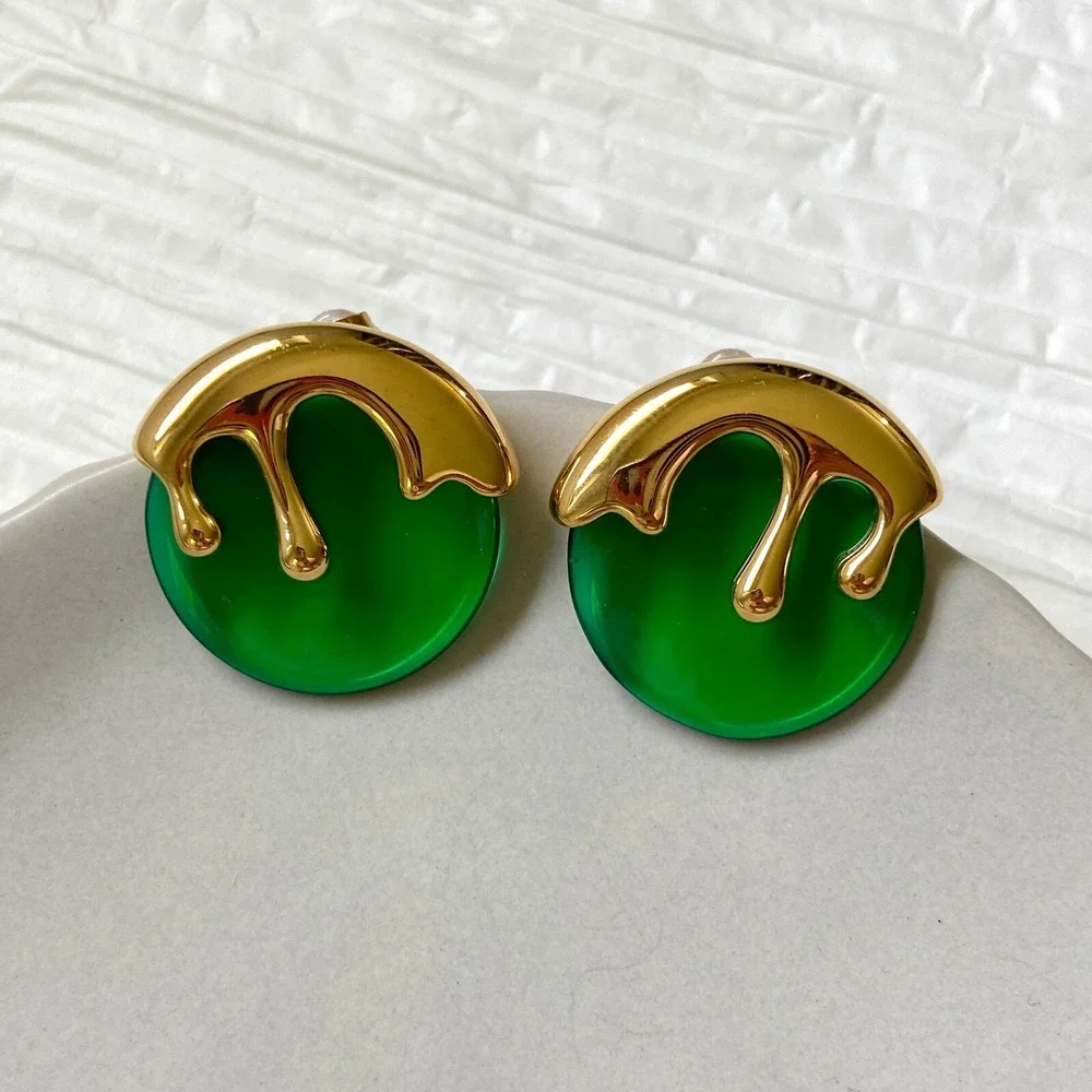 18K Gold Plated Stainless Steel Green Round‎ Gold Drip Stud Earrings